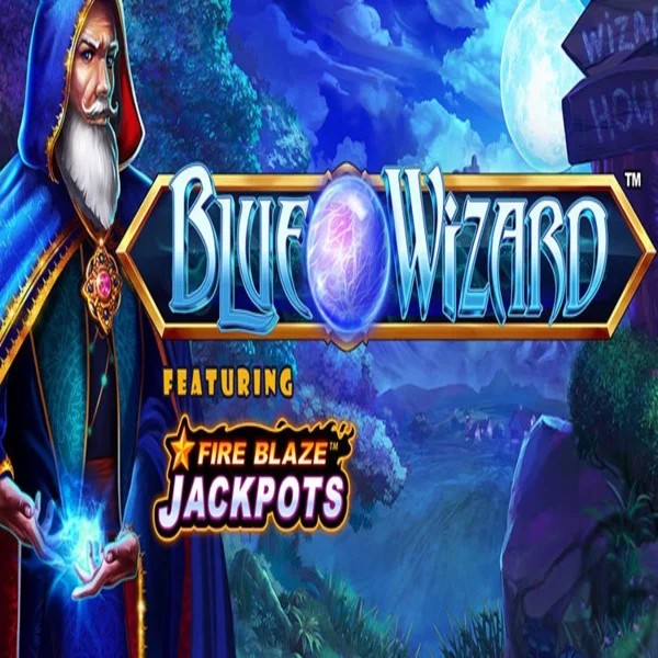 Blue Wizard Fire Blaze Jackpots logo by Rarestone Gaming at Spinaura Casino